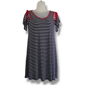 Expresso Mini Dress Womens Size M Nautical Stripe Tie Sleeve Navy Blue White Red
